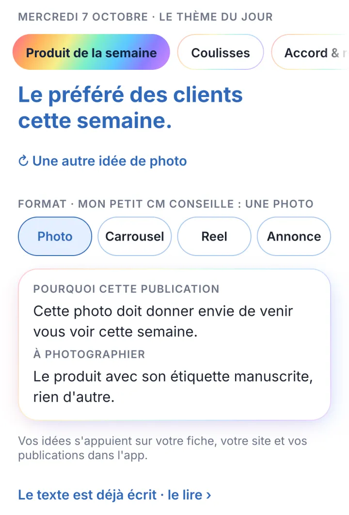 Un jour dans Mon Petit CM : la bande des thèmes, l'idée « Le préféré des clients cette semaine », le format conseillé et « Pourquoi cette publication ».