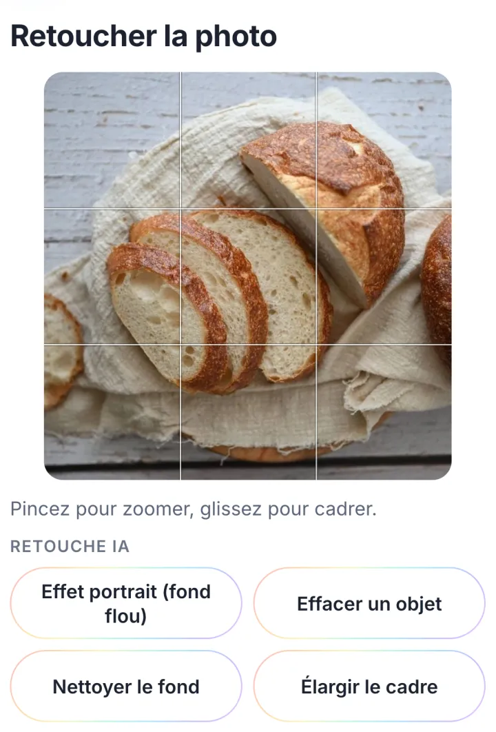 La retouche : la photo recadrée en carré sous la grille des tiers, puis les retouches du fond par IA.