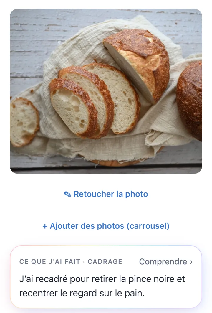 Une vraie photo de pain au levain, recadrée par Mon Petit CM, et son explication : « J'ai recadré pour retirer la pince noire et recentrer le regard sur le pain. »